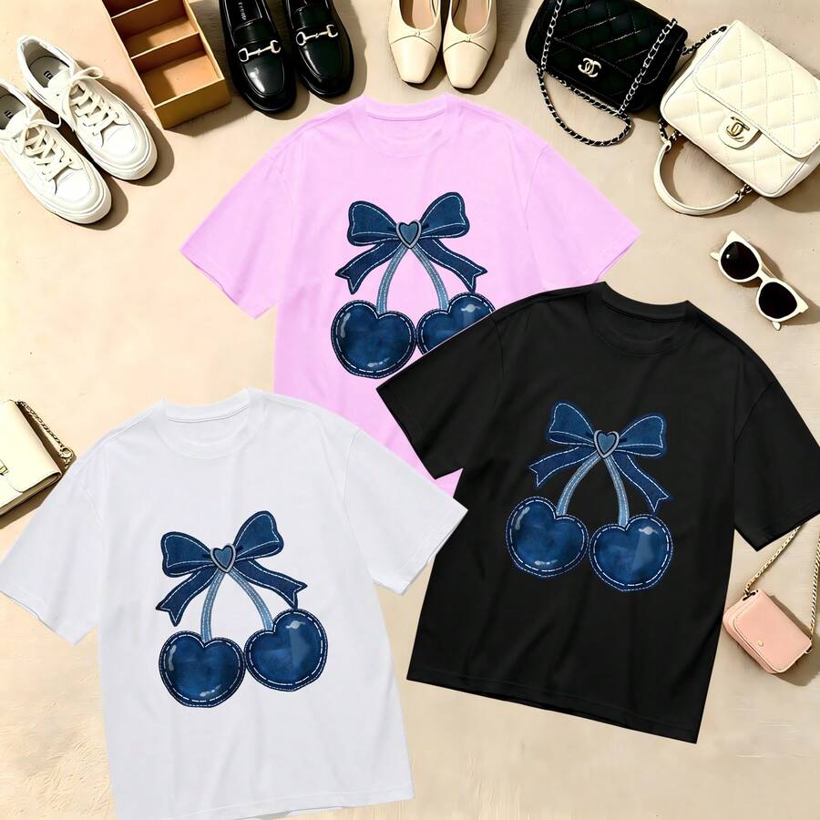 Choose One Of The Three Sets Women's T-Shirt Kawaii Cherry Bow 100% Cotton Oversized Soft Breathable Casual Crewneck Short Sleeve Top Retro Summer Vibes Aesthetic - 白色 - 查看 1