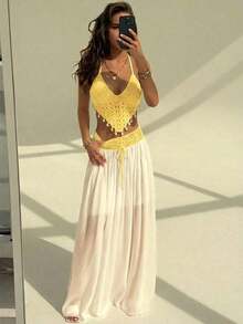 Conjunto de ganchillo bohemio de verano para mujer de , conjunto de 2 piezas para uso diario en verano, ropa de verano, ropa de playa de verano, conjunto de vacaciones en la playa para mujer, conjunto de vacaciones, ropa de mujer estilo bohemio para vacaciones tropicales, ropa de mujer para vacaciones tropicales, conjunto de 2 piezas de chaleco de ganchillo y falda acampanada para vacaciones en la playa. - Amarillo - Ver 5