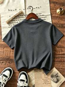 Boys' Teen Student Casual Solid Color Crew Neck Pullover Knit Ribbed Short Sleeve T-Shirt Spring/Summer Top - Dark Grey - View 4