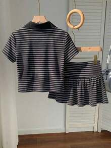 Conjunto de 2 piezas de camiseta de manga corta a rayas y minifalda casual de verano para mujer - Blanco y Negro - Ver 2