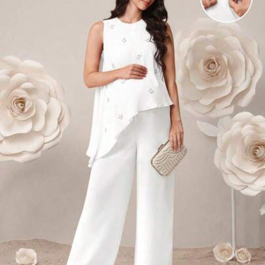 Conjunto de top y pantalones de maternidad elegante con decoración de perlas falsas y bajo asimétrico, para verano - Blanco - Ver 1