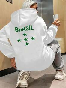 Brazil Kangaroo Hoodie With Five Green Stars And "Brasil" Letters, Women's Winter Clothing, Polyester Fabric, Sizes S-XL, Lined And Thickened, Machine Washable, New Release For The World Cup And Elections, Cheapest - 白色 - 查看 2