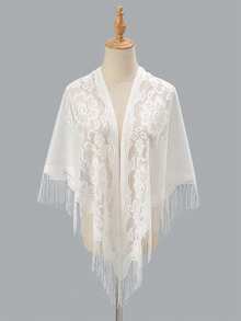 1pc Bohemian Style Minimalist Solid Color Hollow Rhombus Triangle Scarf, Air-Conditioned Room Decor Scarf, White Lace Tassel Women's Shawl, Floral Crochet Cashmere Scarf, Lightweight Transparent Tassel Silk Scarf, Suitable For Beach Wedding, Bridal Jacket And Evening Gala - Multicolor - View 7
