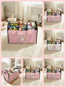 1 Peça Caixa de Armazenamento com Compartimentos, Cesta de Roupa, Caixa de Armazenamento Dobrável de Alta Capacidade com Estampa de Cavalo Cartoon e Divisória, Adequada para Berçário, Quarto, Roupas de Bebê, Embaixo da Cama, Brinquedos de Bebê - Multicolorido - Visão 1