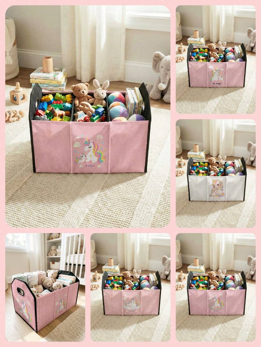 1 Peça Caixa de Armazenamento com Compartimentos, Cesta de Roupa, Caixa de Armazenamento Dobrável de Alta Capacidade com Estampa de Cavalo Cartoon e Divisória, Adequada para Berçário, Quarto, Roupas de Bebê, Embaixo da Cama, Brinquedos de Bebê - Multicolorido - Visão 1