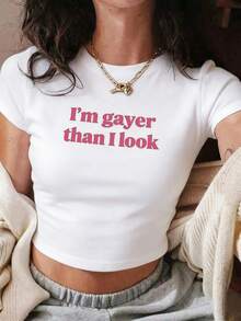 I'm Gayer Than I Look LGBTQ+ Pride Crop Top - Short Sleeve Fitted T-Shirt, Comfortable Casual/Daily/Party Wear, Soft - 白色 - 查看 1