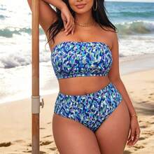 Conjunto de bikini de dos piezas sin tirantes y de cintura alta con tiras delgadas - Flor - Ver 5