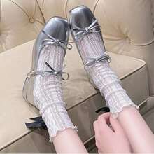 French Haute Couture Bow, Chunky Heel And Square Toe Shoe, New Marijen With Skirt And Red Shoes For Women, Women's Ballerinas - 銀色 - 查看 5