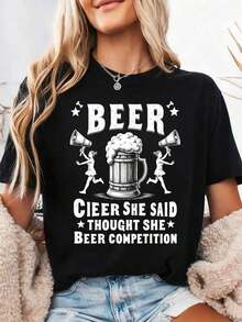 Pure Cotton T-Shirt "Cheer Dad Cheerleader Beer Competition Cheer Papa" - 黑色 - 查看 1