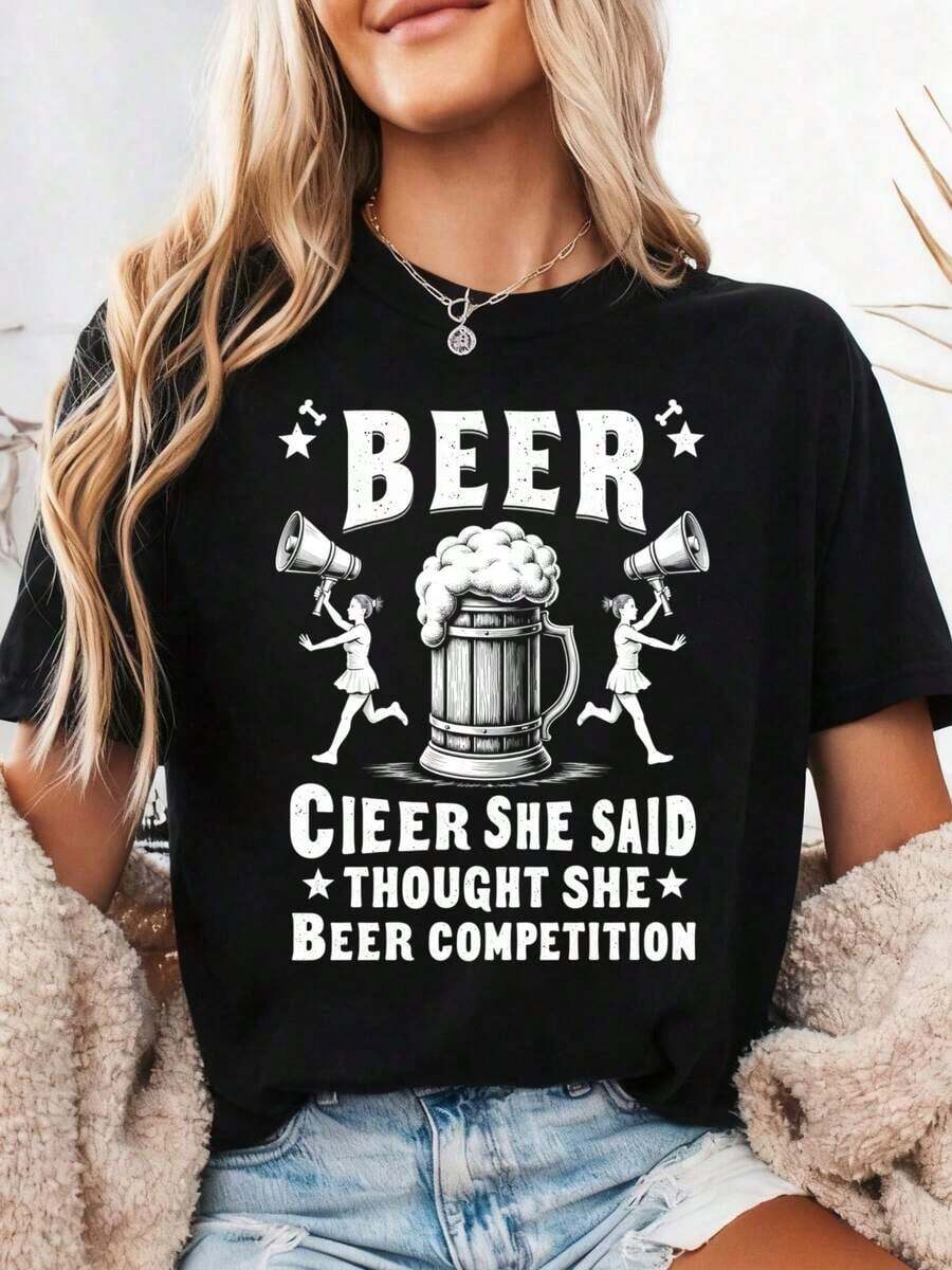 Pure Cotton T-Shirt "Cheer Dad Cheerleader Beer Competition Cheer Papa" - 黑色 - 查看 1