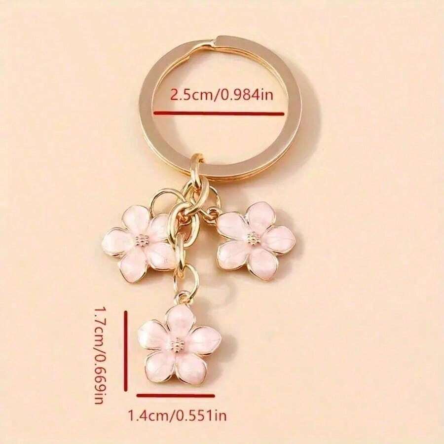 1pc Cute Enamel Three Flower Keychain, Sweet Gold Tone Alloy Floral Pendant Key Ring, Aesthetic Bag Charm For Purse, Backpack & Earbuds Case, Girly Car Key Accessories Gift - A - View 1