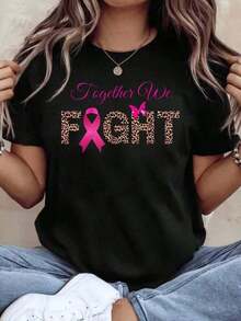 Fashion 1 Piece, Pink T-Shirt For October, Breast Cancer Awareness T-Shirt, Plus Size, Casual Cotton Crew Neck Short Sleeve T-Shirt, Perfect For Everyday Wear, 100% Soft Cotton. Women's Simple Solid Color T-Shirt, Loose And Slim Fit Casual Short Sleeve - 黑色 - 查看 1