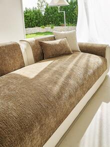 1pc Solid Color Chenille Sofa Cover, Ins Style Sofa Cushion, High Density Thickened Design For All Seasons, Sofa Protector Anti-Slip Anti-Scratch For Living Room Bedroom Study, Fits 1/2/3/4 Seater Sofa With Armrest & Backrest - Khaki - View 4