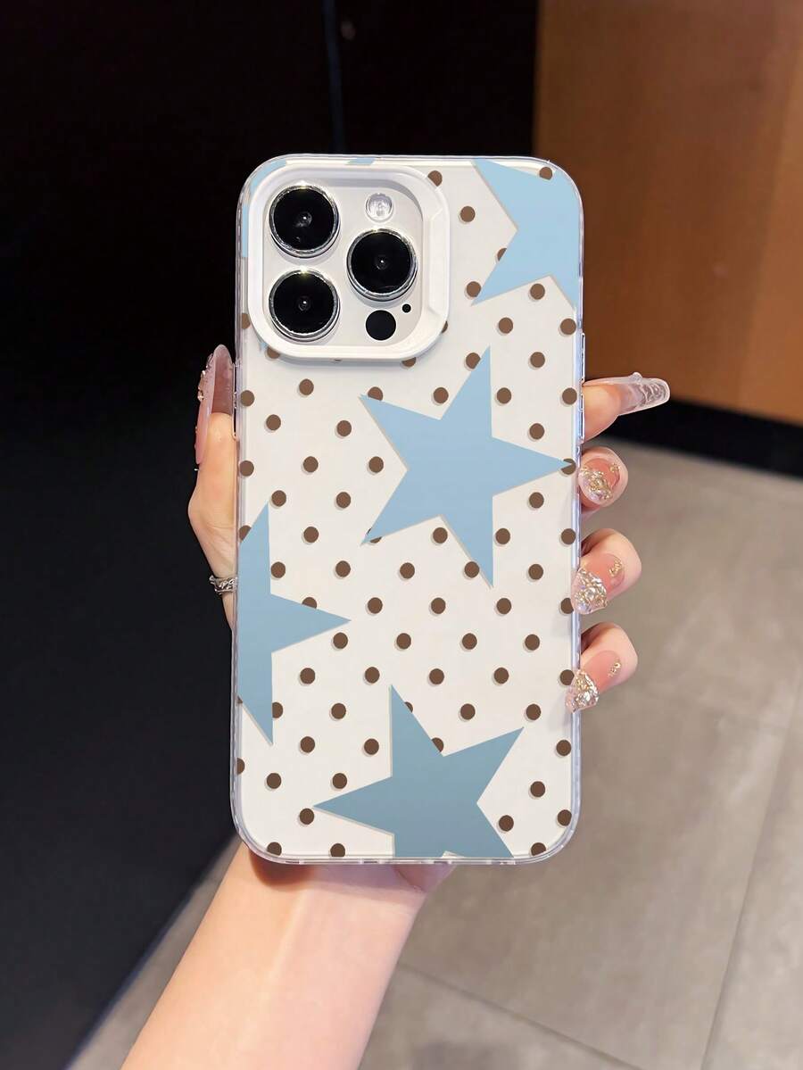 1 Stück Ins Stil blauer Stern & brauner Punktemuster stoßfeste weiche Handyhülle, minimalistisches koreanisches Design, beste Geschenkwahl, kompatibel mit iPhone 17/17Pro/17ProMax/16/11/16Plus/16ProMax/16e/15ProMax/13/14/12/14ProMax/12ProMax/13ProMax/12Pro/13Pro/14Pro - Weiße Rahmen, durchscheinend weiß - Übersicht 1