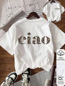 Women's Leopard Letter Print Round Neck Short Sleeve T-Shirt Summer Tops - White - View 1