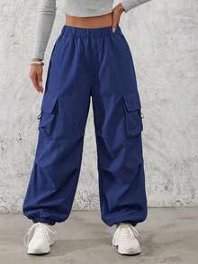 1pc Teen Girls' Loose Versatile Cargo Pants With Flap Pockets And Side Drawstring, Outdoor Style, Spring Summer Autumn Winter Back To School Season - Blue - View 4