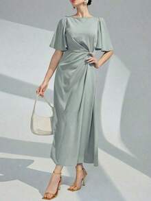Vestido largo de noche con cuello redondo, volantes y mangas cortas de unicolor para mujer - Verde Gris - Ver 7