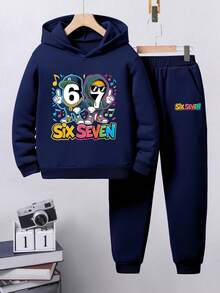 Tween Boy Cartoon Print Warm Hoodie And Pants - Royal Blue - View 1