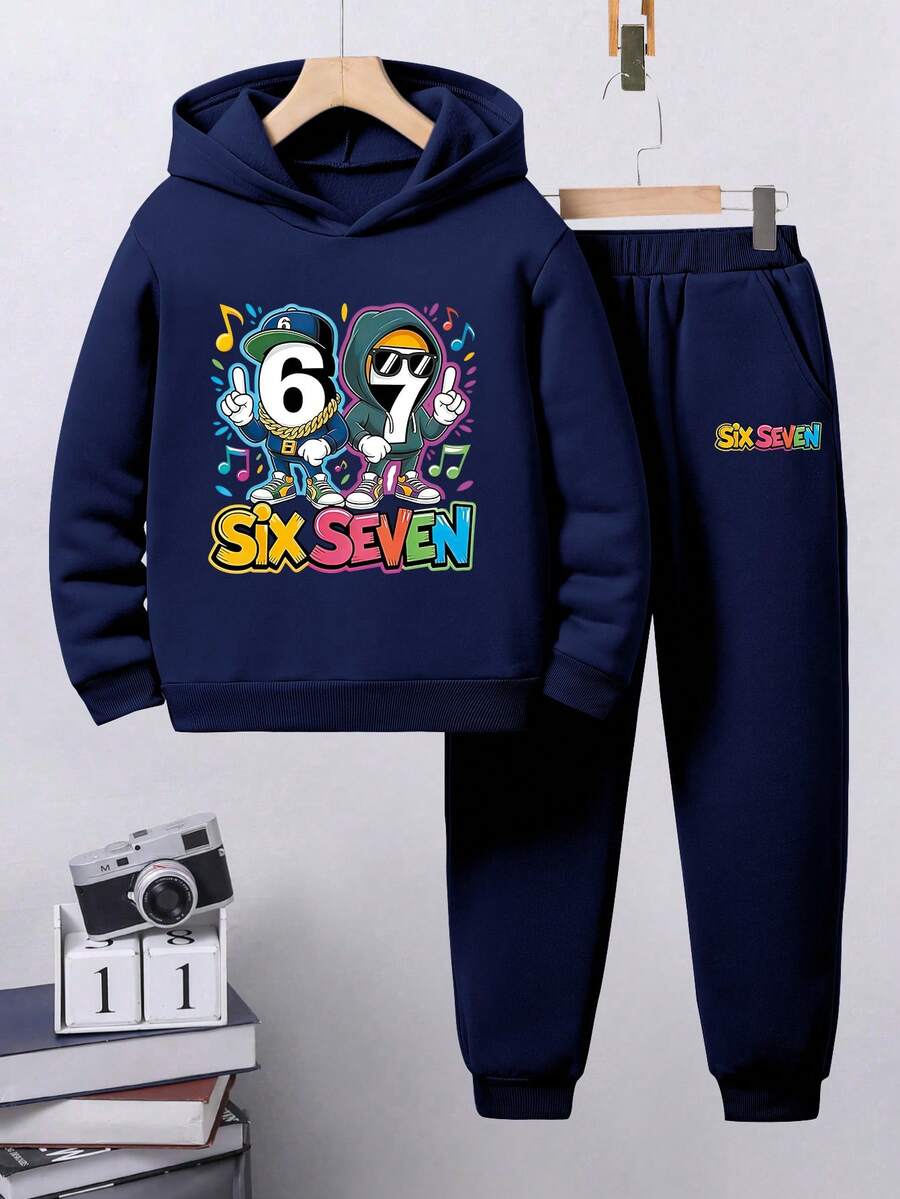Tween Boy Cartoon Print Warm Hoodie And Pants - Royal Blue - View 1