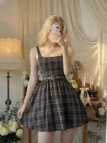 MOD Vestido mini a cuadros azul marino - Azul marino - Ver 4