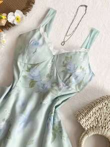 Vestido mini acampanado con estampado floral en la cintura, estilo casual de vacaciones para mujeres - Verde - Ver 6