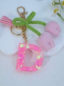 Initial Heart Keychain, Tulip Tassel Bag/Car Key Chain, Cute Accessory Gift For Friends, Mom, Teacher, Birthday - Pink - View 8