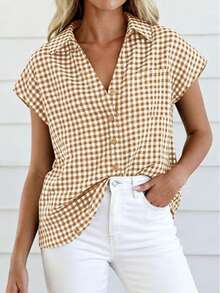Puff Sleeve Striped Ruffle Blouse V Neck Button Front Summer Top Chic Casual Work Office Outfit For Women - 卡其格子 - 查看 4