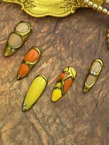 10pcs Women's Almond-Shaped Press-On Nails, Acrylic Fake Nails With Metallic Gold Line Design And Mini Rhinestones, Warm Yellow-Orange Color Block Retro Metallic Frame, Handmade Vintage Fashion Nail Stickers, Nail Art Supplies - Multicolor - View 5