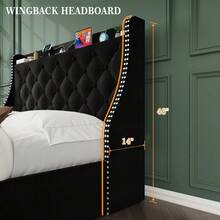 Platform Bed Frame With 4 Storage Drawers – Button Tufted Upholstered Wingback Headboard – Built-In Charging Station – Strong Wooden Slat Support – No Box Spring Needed – Easy Assembly - Black - View 2