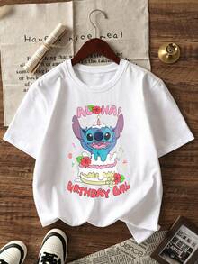 Disney Official Licensed Lilo & Stitch Birthday Girl Graphic T-Shirt For Girls 4-12 Years, Cotton, Ultra Comfort & Super Soft, Relaxed Fit, Stylish, Aloha Stitch & Birthday Cake Print, Casual Daily Wear, Birthday Gift, New Arrival, High-Appearance, High-Rate Of Turning Heads, All-Match, Express Delivery - trắng - Xem 3