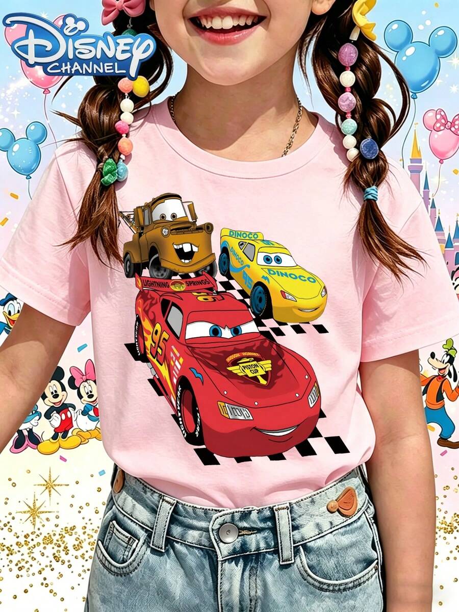 Disney T-Shirt, Short Sleeve, Made Of 100% Pure Cotton FabricDisney Cars T Shirt Pink Lightning Mcqueen Mater And Dinoco Cars Print For Kids Girls Disney Channel Theme Party WearGifts Suitable For Girls - Hồng - Xem 1