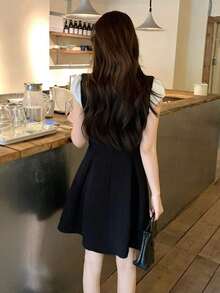 Vestido corto de manga corta con cuello y contraste de color, estilo coreano para mujer - Blanco y Negro - Ver 2
