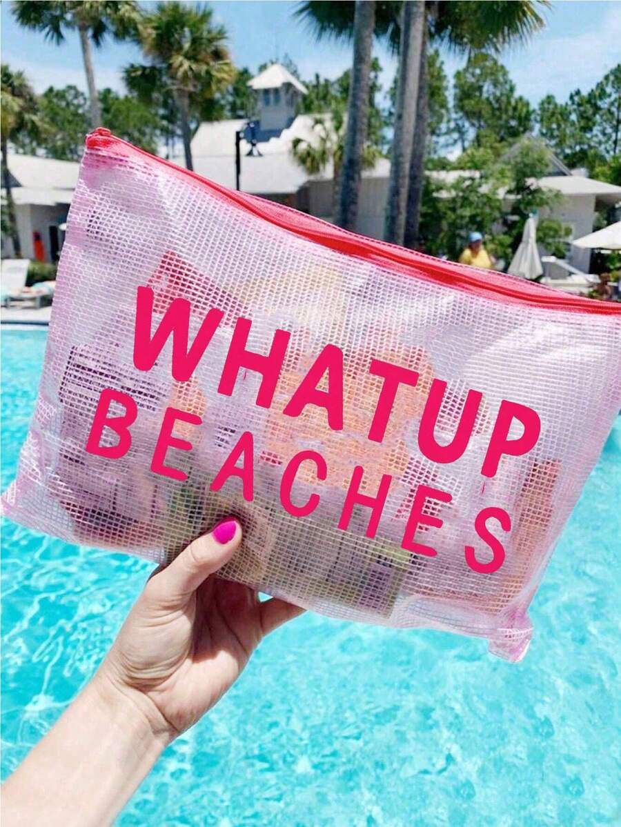 Waterproof Fashion Mesh Beach Bag With "WHATUP BEACHES" Printed Colorful Makeup Bag, Beach Themed, Large Capacity Transparent Cosmetic Bag, Lightweight Sun-Proof Storage Pouch, Essential For Beach, Nylon Zipper Toiletry Bag, Suitable For Swimming, Beach, Diving And Summer Vacation, Back To School, Birthday, Holiday, Party, Wedding (Bridesmaid) Gifts And Souvenirs - Multicolor - View 1
