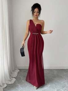 lenzya Vestido elegante y romántico para mujer con decoración de perlas, hombro asimétrico, corpiño, cintura ceñida, bajo de cola de pez, patchwork de tela, adecuado para fiestas y reuniones - Burdeos - Ver 6