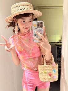Summer Set-Up For Women - New Arrivals - Y2K Short-Sleeve Top, T-Shirt, Sheer Mesh, Watercolor Polka Dot Cropped Top, Roll Hem Pants - Slim Fit, Suitable For Petite Women, Resort Date Casual Outfit - 粉紅色(高品質) - 查看 2