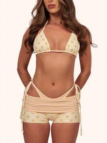 Women's 3 Piece Polka Dot Bikini Set, Halter Triangle Top With Striped Cover Up Skirt, Tie Side Boy Short Swimsuit For Beach Vacation - Albaricoque - Ver 1