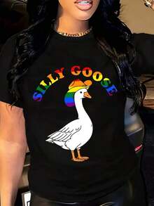 Comfortable For All-Day Wear. This Women's Casual T-Shirt Features A Crew Neck, Short Sleeves, And A Relaxed Fit. It Has A Graphic Print Of A Rainbow Hat And A Silly Goose Duck, Making It Ideal For Everyday Wear And Fun Outings. The Comfortable, Relaxed Fit Flatters All Body Types, While The High-Quality Material Feels Soft Against The Skin And Offers Durability. - 黑色 - 查看 1
