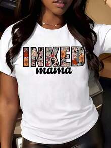 Comfortable For All-Day Wear. This Women's Casual Short-Sleeve T-Shirt Features A Crew Neck, A Relaxed Fit, And A Graphic "Inked Mama" Print With A Floral And Tattoo Design. It's Perfect For Everyday Wear And Outings. The Comfortable, Relaxed Fit Flatters All Body Types, While The High-Quality Material Feels Soft Against The Skin And Offers Durability. - 白色 - 查看 3