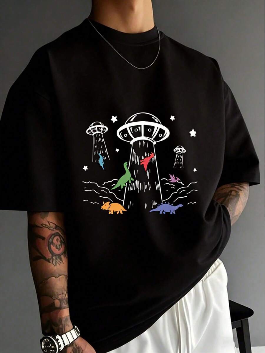 Men's T-Shirt With Cartoon Character Print - Black - View 1