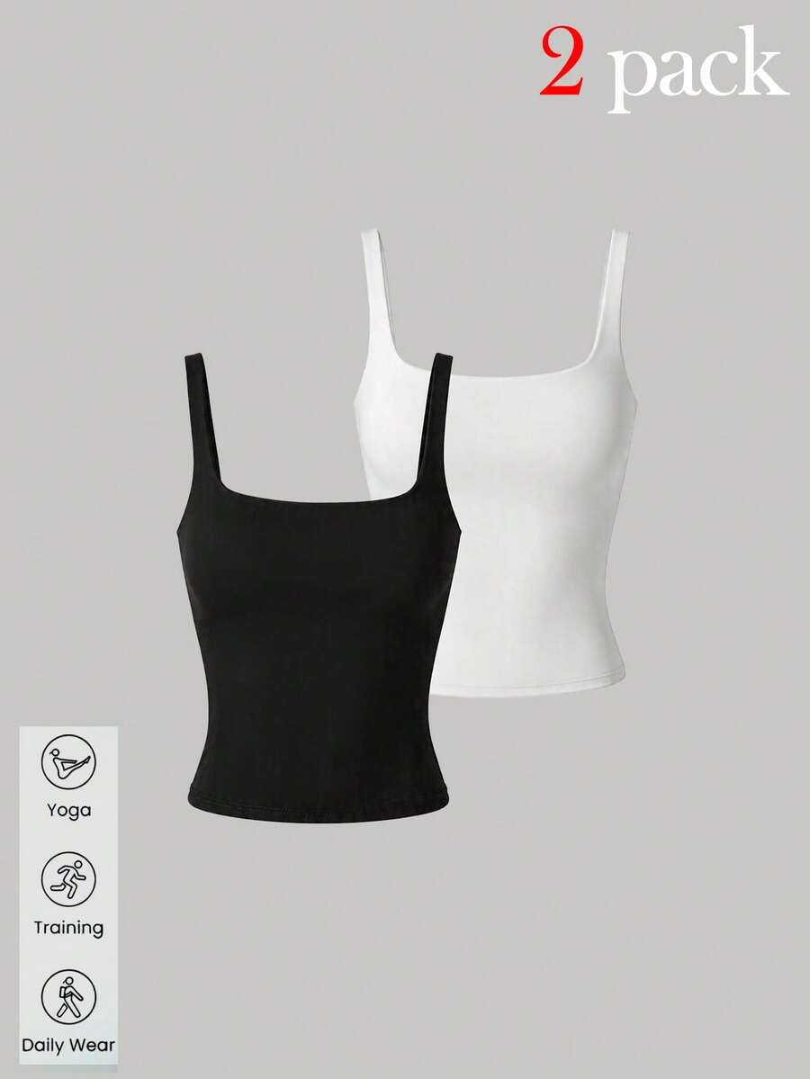 Aoqta Sports 女士夏季休闲纯色吊带背心两件套,修身无袖露背带胸垫运动吊带背心,简约基础款,适合瑜伽、跑步、健身、日常穿着。 - 彩色 - 查看 1