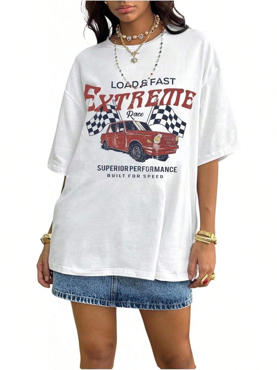 Y2K - Women's T-Shirts With Lip Print, Round Neck, Short Sleeve, Loose Fit And Versatile Shirt - White Car - View 1
