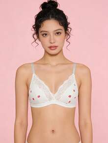 1pc Women's Cute Printed Lace Patchwork Wireless Unpadded Comfortable Triangle Cup Bra - White - View 5