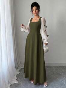 Vestido de mujer con parches tejidos, decoración de lazo y cintura ceñida - Verde militar - Ver 5