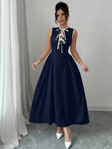 Nuevo vestido de mujer con cuello calado, bloqueo de color, cintura anudada, pliegues laterales, sin mangas, textura plisada, cremallera en la espalda, de moda, juvenil, elegante, versátil, que estiliza la cintura, apto para primavera/verano/otoño/invierno - Azul marino - Ver 6