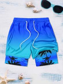 Men's Sunset Coconut Tree Pattern Gradient Print Beach Shorts, Men's Double Layer Shorts, Men's Vacation Style Beach Pants - Multicolor - View 2