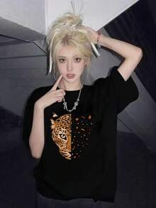 女士圆领短袖T恤，夏季新款豹纹印花，时尚休闲百搭宽松上衣，黑色 - 黑色 - 查看 10