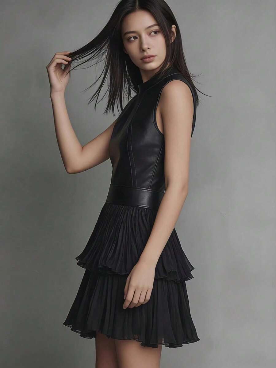 Sleeveless PU Leather Short Dress, Double Ruffle Skirt - Black - View 1