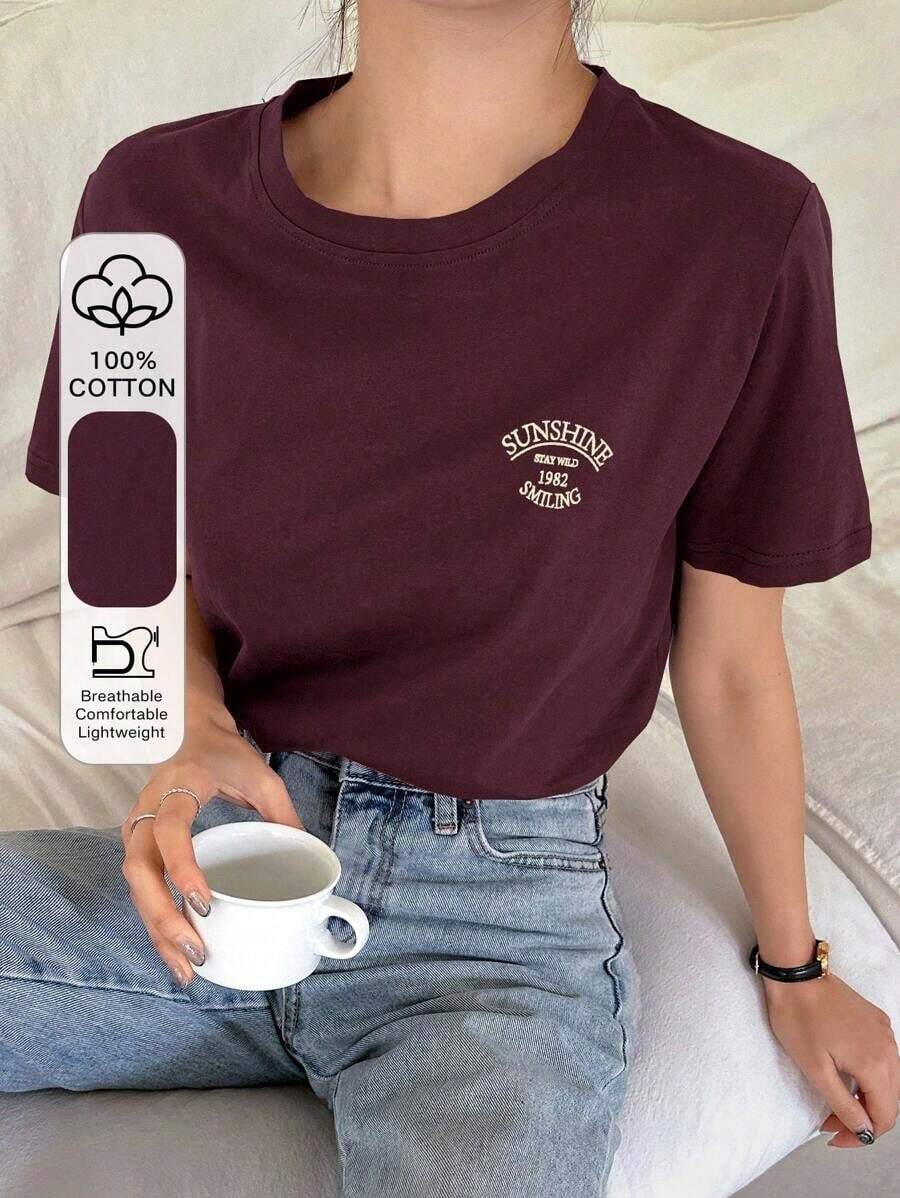 Camiseta De Manga Corta Con Estampado De Letras - Burdeos - Ver 1