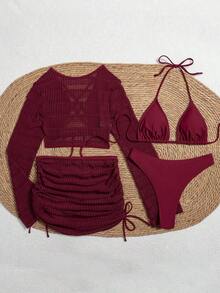 Swim Conjunto de bikini de unicolor con parte superior y falda de cobertura, con escote halter y lazos, para mujer en verano - Rojo - Ver 9