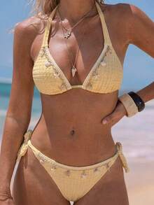 2pcs/Set Women's Ocean Theme Decorative Sexy Casual Bikini Set, Halter Neck Solid Color Swimsuit, Suitable For Beach And Pool, Random Cut - Brown - View 1